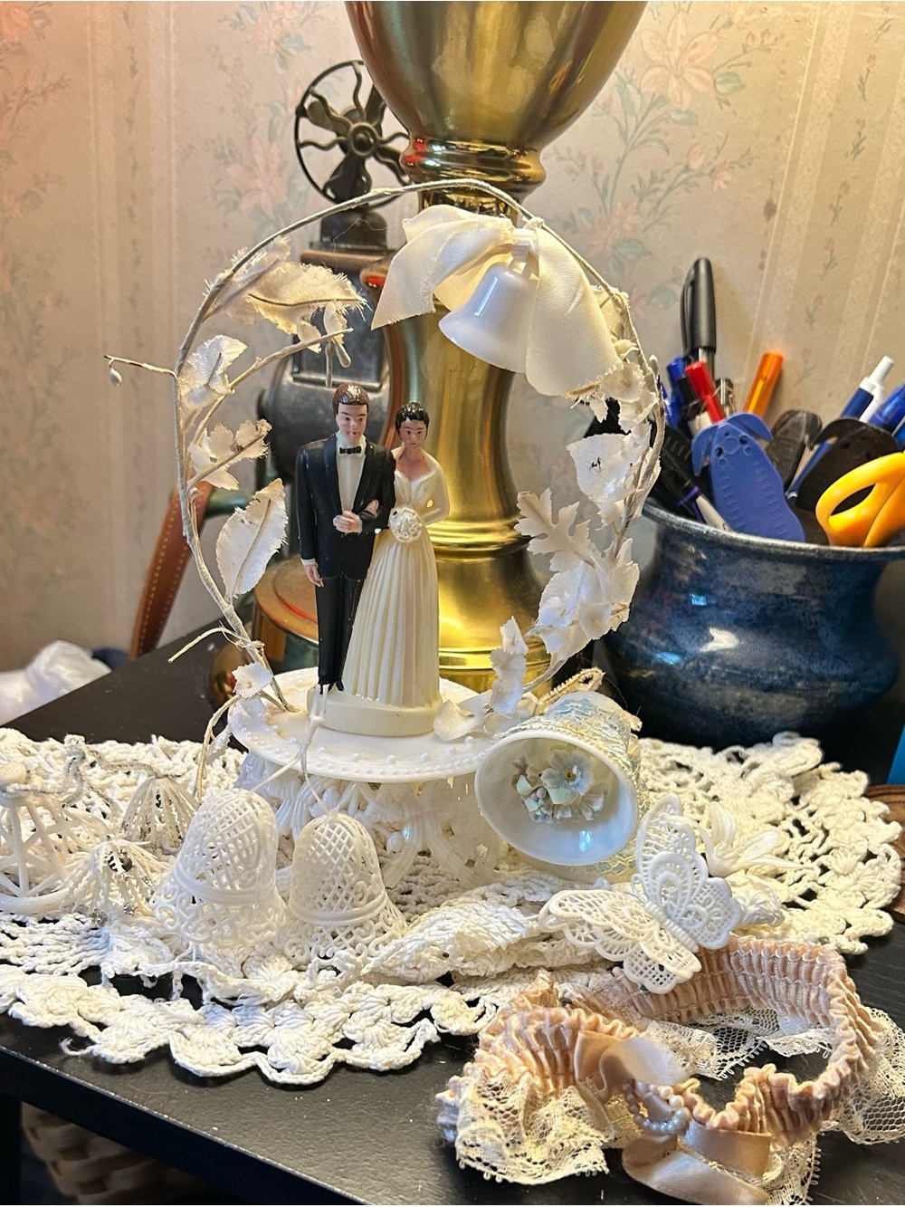 White Wedding Cake Topper with Bride and Groom Figurine